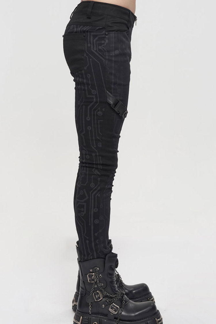 Black Punk Casual Circuit Diagram Print Asymmetric Decoration Men's Long Pants
