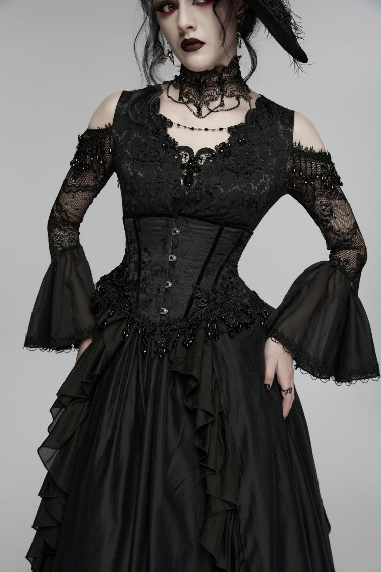 Corset à glands gothiques pour femmes, Slim, jacquard noir, à lacets