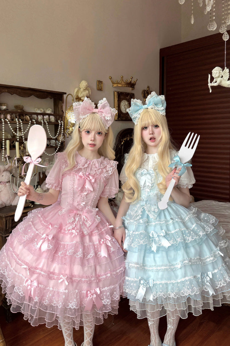 Pink [Lotus Butterfly Heart] Multi-Layered Ruffle Hanayome Bowknot Lace Sweet Lolita Jsk Dress