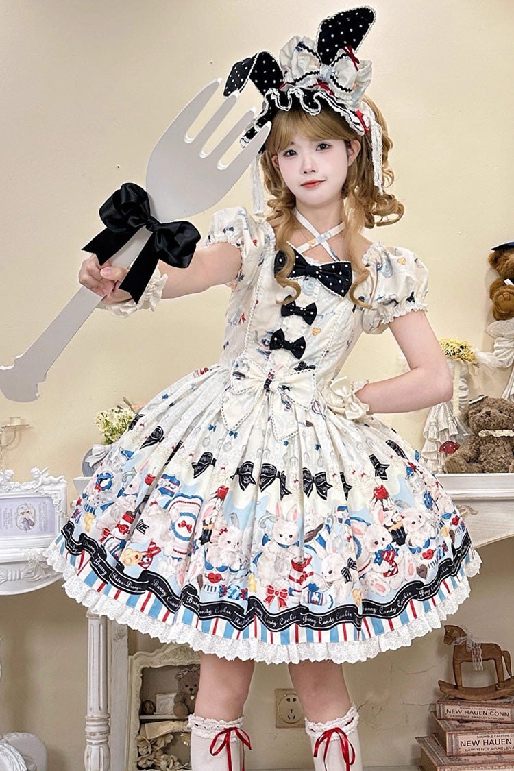 Beige [Mystery Rabbit Tea Party] Square Collar Short Sleeves Print Ruffle Bowknot Lace Sweet Lolita Dress