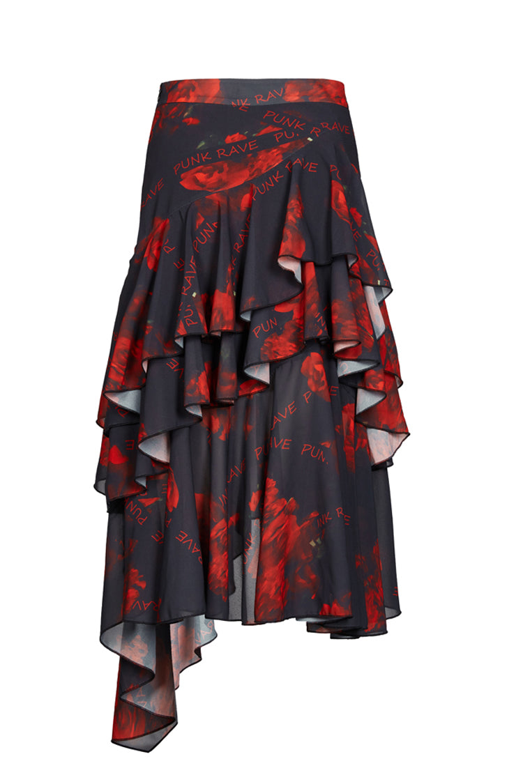 Black/Red Layered Irregular Skirt Pattern Printing Decoration High Waist Chiffon Women's Punk Skirt