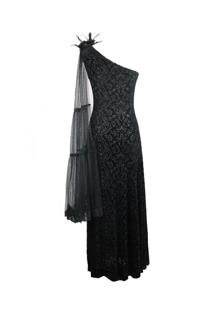 Black One Shoulder Mesh Shawl Feather Lace Decoration Velvet Long Women's Gothic Dress