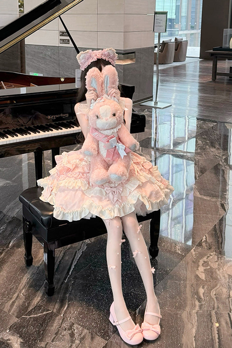 Pink [Heart of Butterfly] Halterneck Sleeveless Multi-Layered Ruffle Embroidery Princess Ballet Lolita Jsk Dress Set