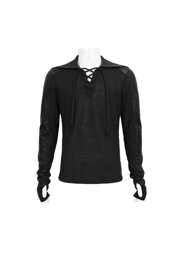 Black Trendy Dark Tether V-Neck Panel Knit Hooded Men's Punk T-Shirt
