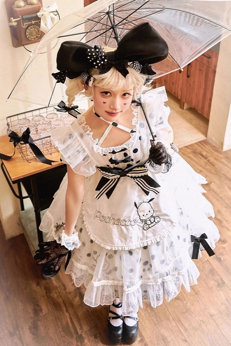 White/Black Short Sleeves Pacha Dog Polka Dots Print Ruffle Bowknot Alice Sweet Lolita Dress