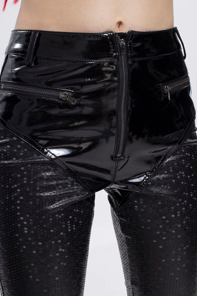 Black Gothic Hexagon Pattern Irregular Star Reflection Shiny Elasticity Leather Women's Leggings