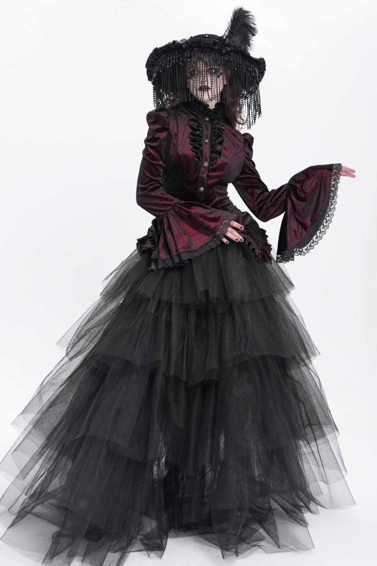 Red Stand Collar Long Trumpet Sleeves Ruffle Swallow-tailed Women's Gothic Blouse
