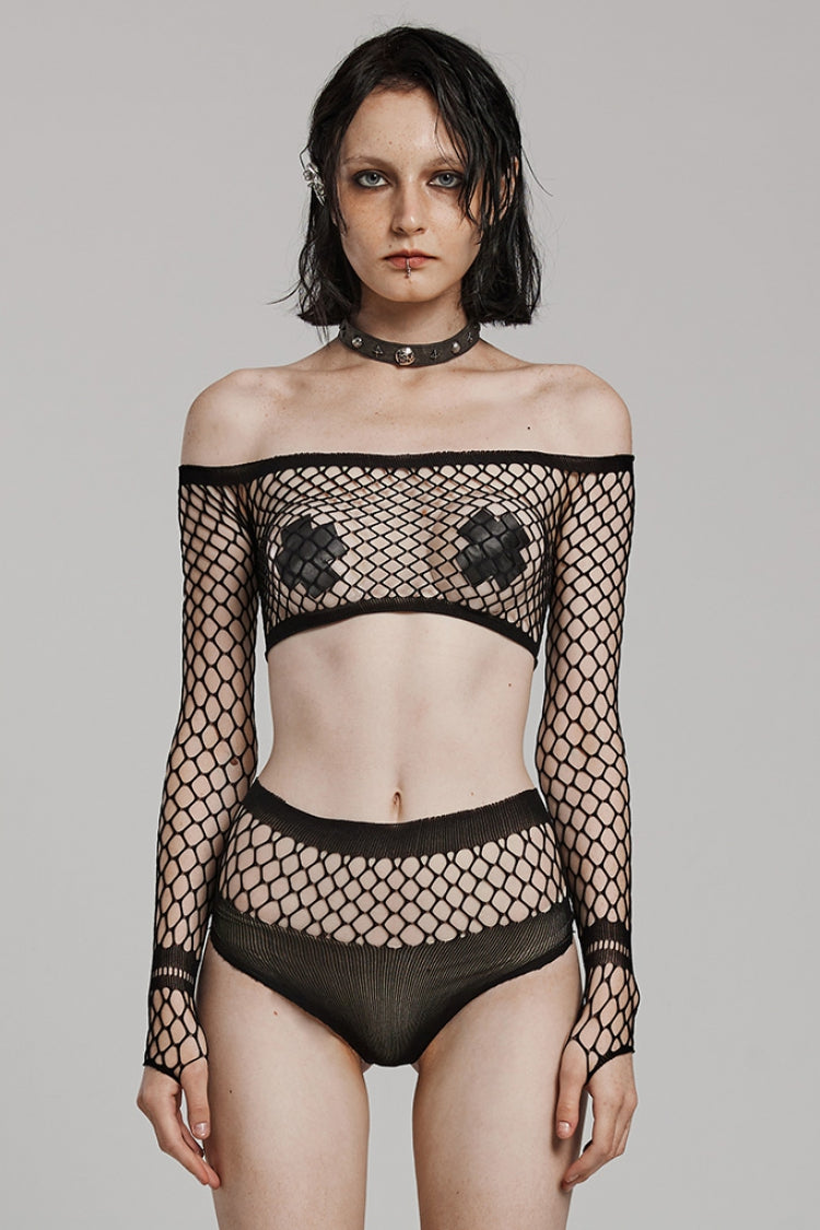 Black Off Shoulder Long Sleeves Slim Mesh Women's Punk Lingerie Set