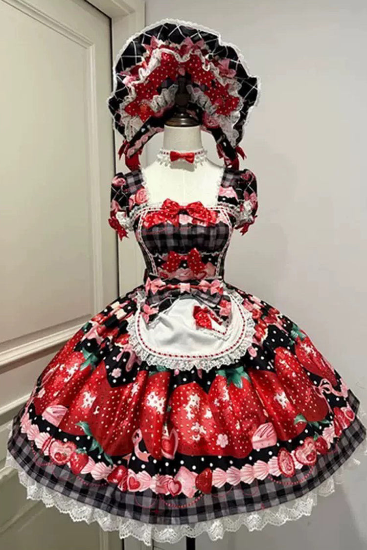 [Dream to Strawberry] Print Short Sleeves Ruffle Bowknot Lace Sweet Lolita OP Dress 4 Colors