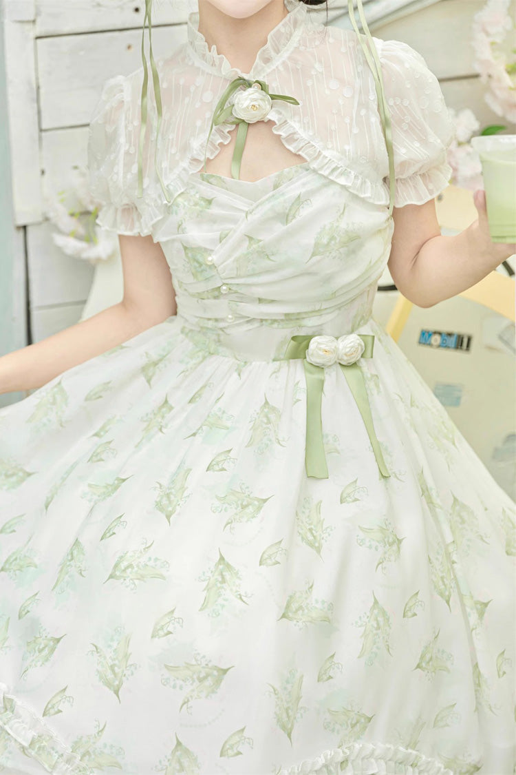 Lily of the Valley Spring Short Sleeves Jacquard Print Bowknot Irregular Sweet Lolita Jsk Dress