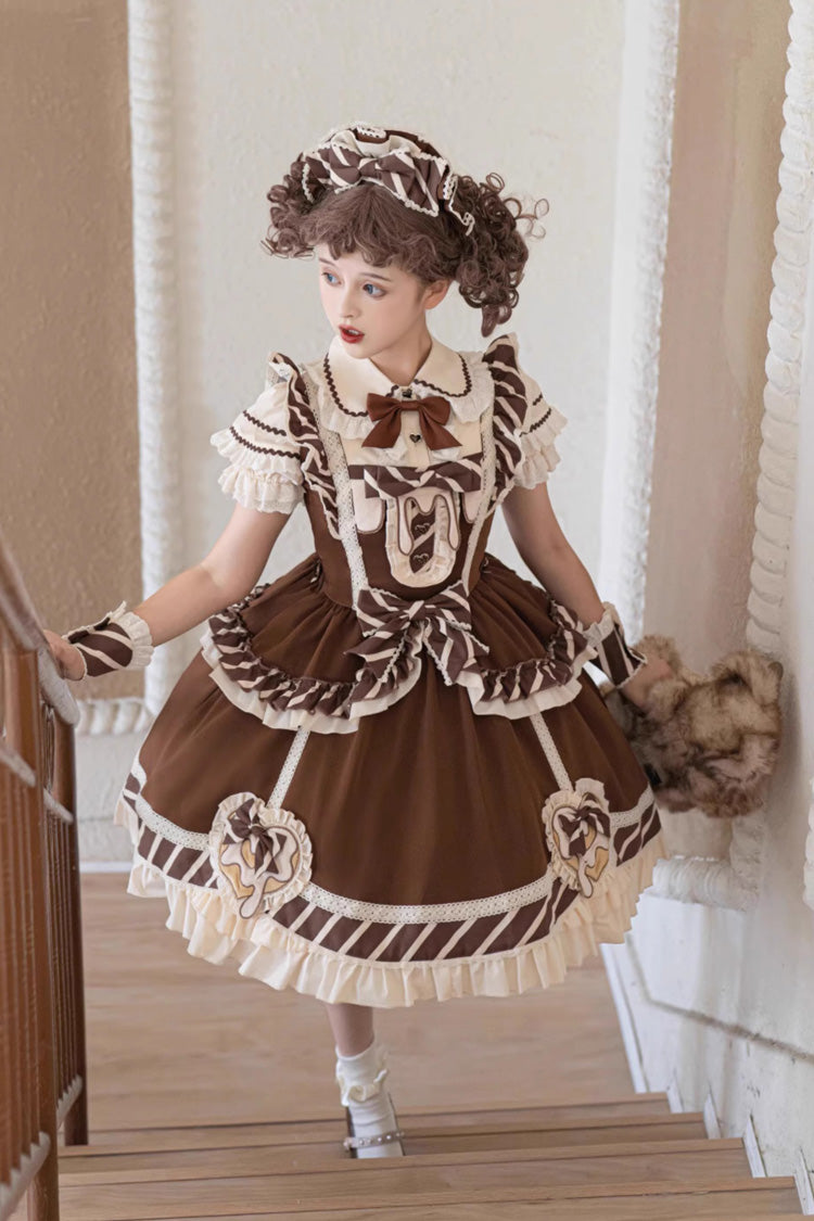 Brown Short Sleeves Print Ruffle Bowknot Sweet Princess Lolita Jsk Dress Set