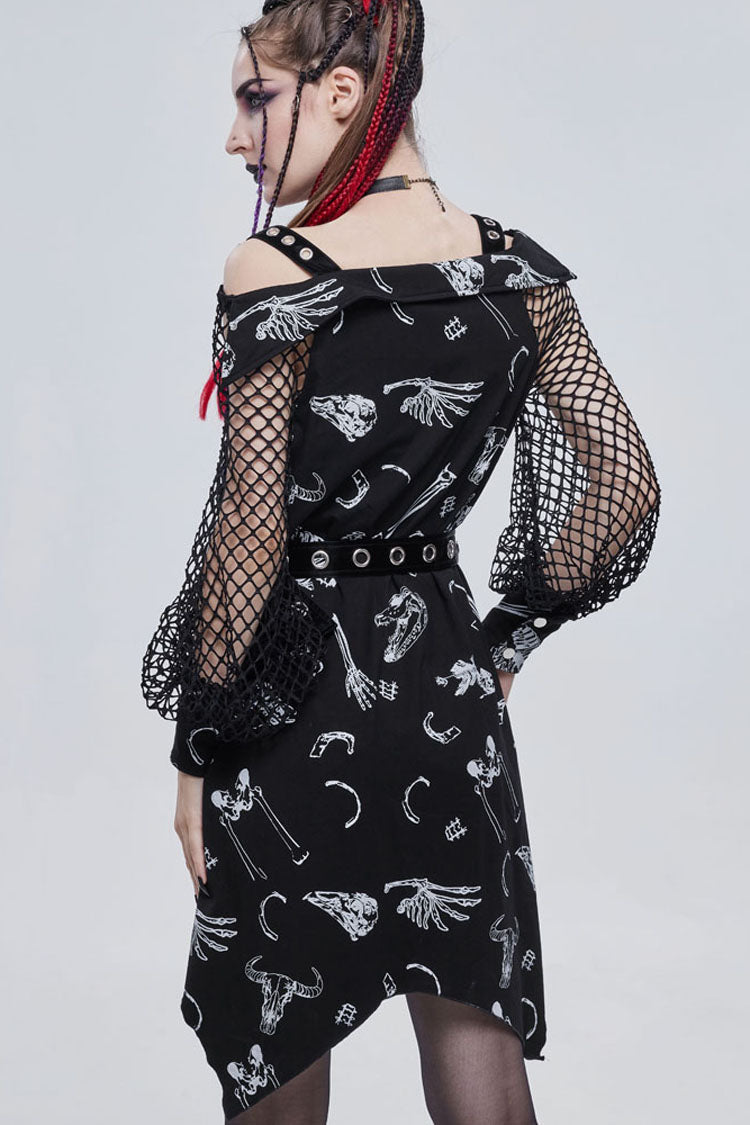 Black Gothic Knit Bone Print Sling Metal Grommet Strap Design Long Sleeve Women's Dress