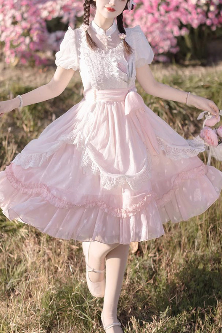 ピンクの中国風半袖プリンセスフリル甘いロリータドレス