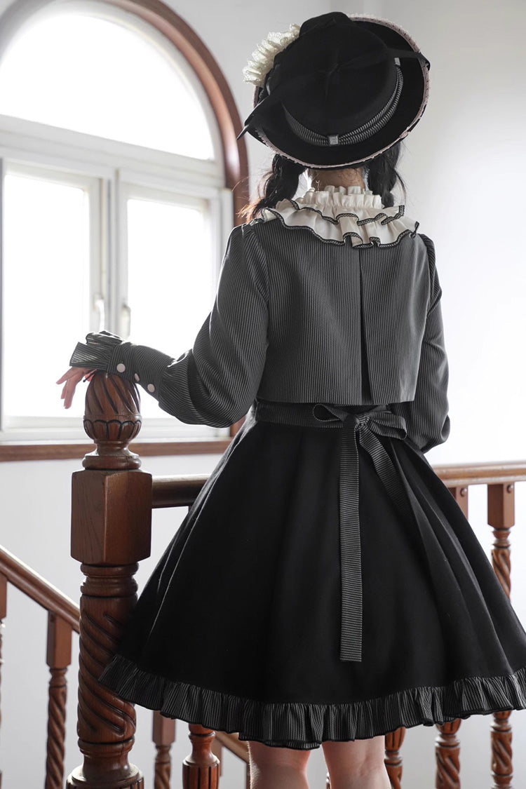 Black Long Sleeves Stripe Print Ruffle Stitching Two-In-One Gothic Elegant Lolita Dress