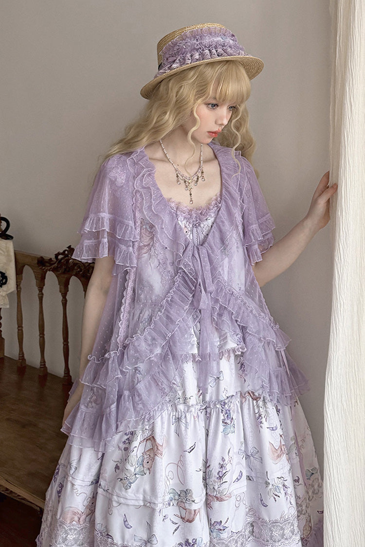 Purple [Pea Squirrel] Sleeveless Multi-Layered Pastoral Print Ruffle Embroidery Lace Sweet Elegant Lolita Jsk Dress