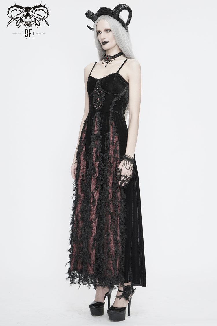 Red Front Chest Decals Dense Velvet Long Women's Gothic Sling Dress