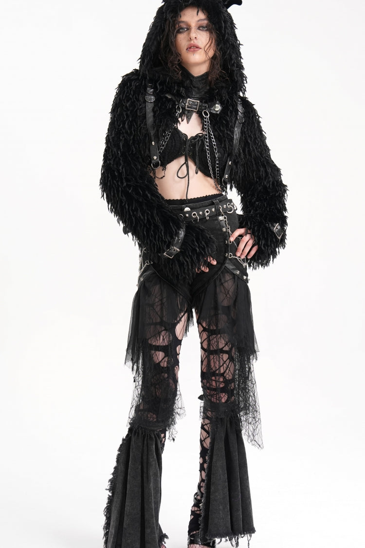 Black Long Sleeves Hooded Women's Gothic Chain Buckle-up Horn Cape