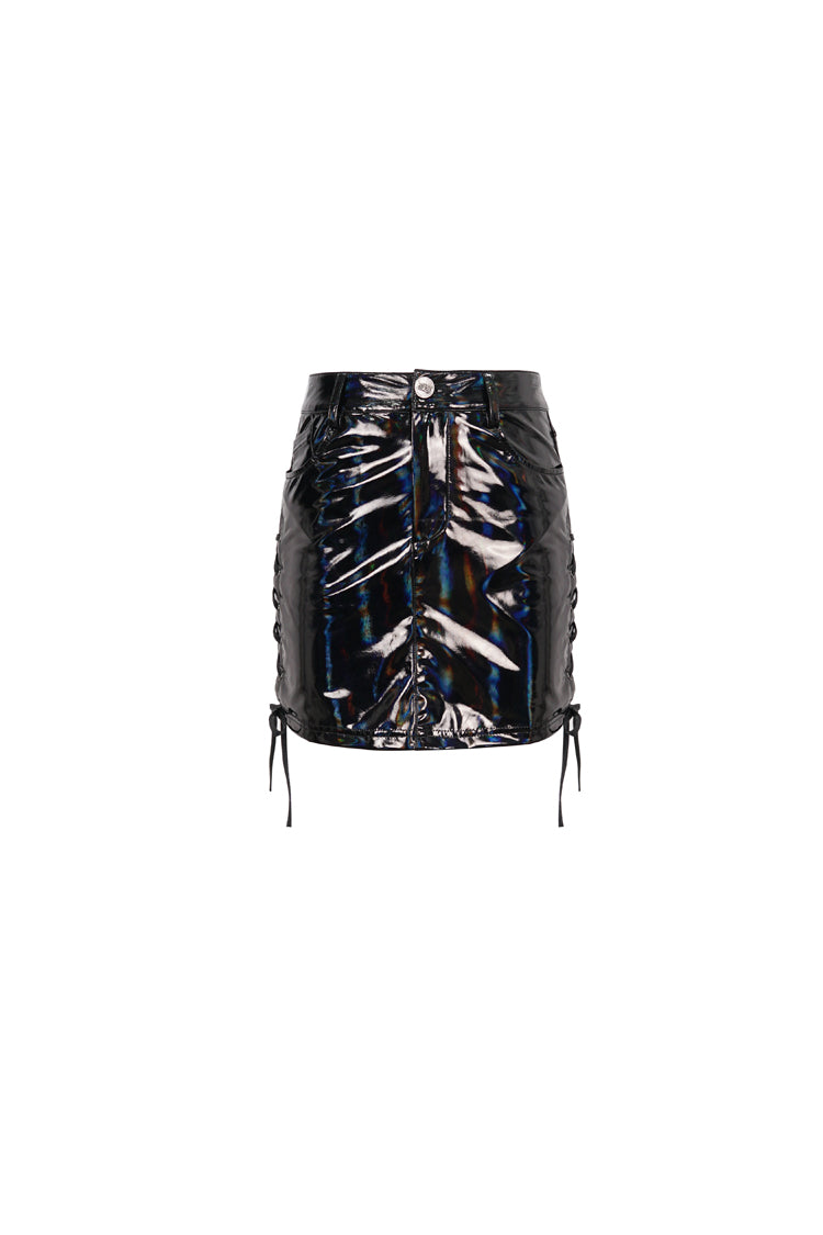 Black Iridescent Mirrored Side Slit Adjustable Women's Gothic Skirt