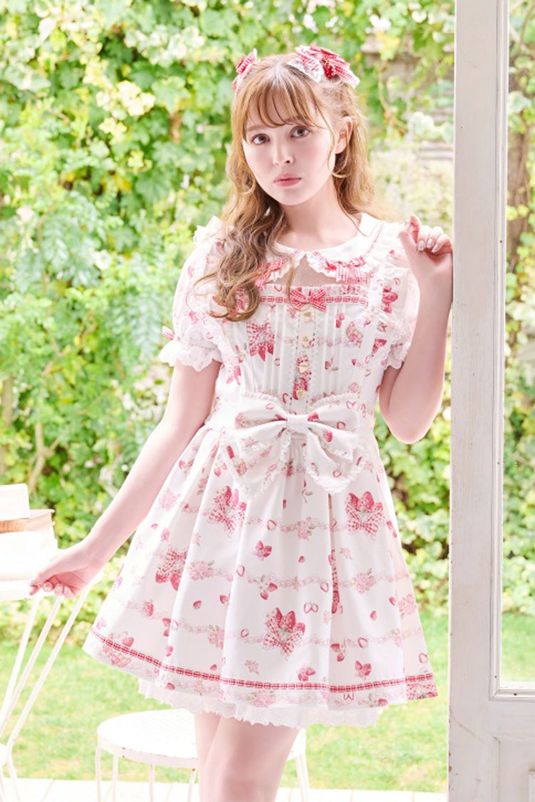 White [Creamy Berry] Print Short Puff Sleeves Ruffle Bowknot Lace-Up Sweet Jirai Kei Japanese Dress