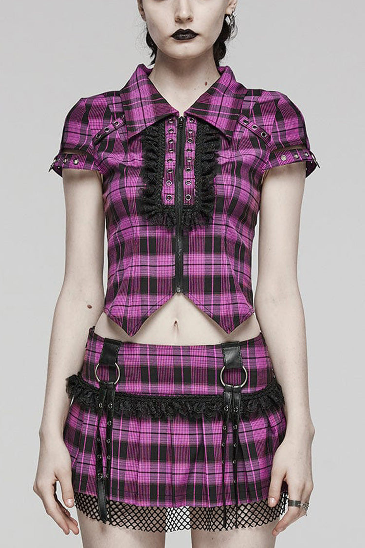 Damen Bluse mit kurzen Ärmeln, Karomuster, hohle Spitze, Steampunk-Stil, 2 Farben