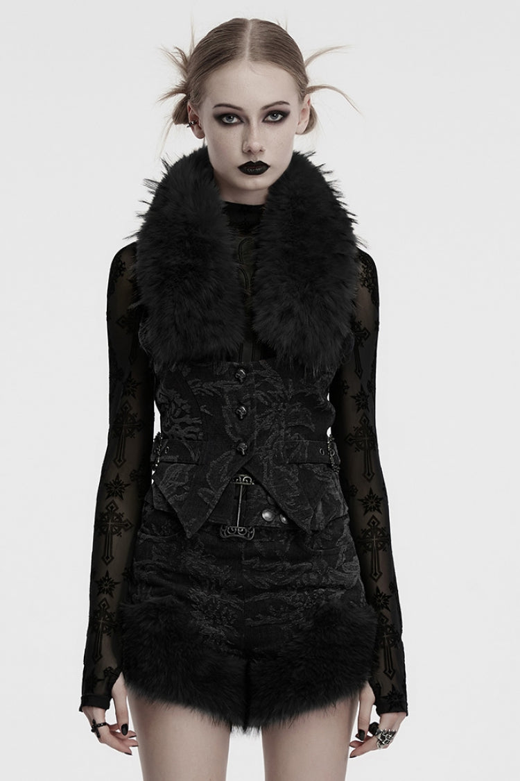 Black Halterneck Sleeveless Jacquard Women's Gothic Vest with Faux Fur Collar