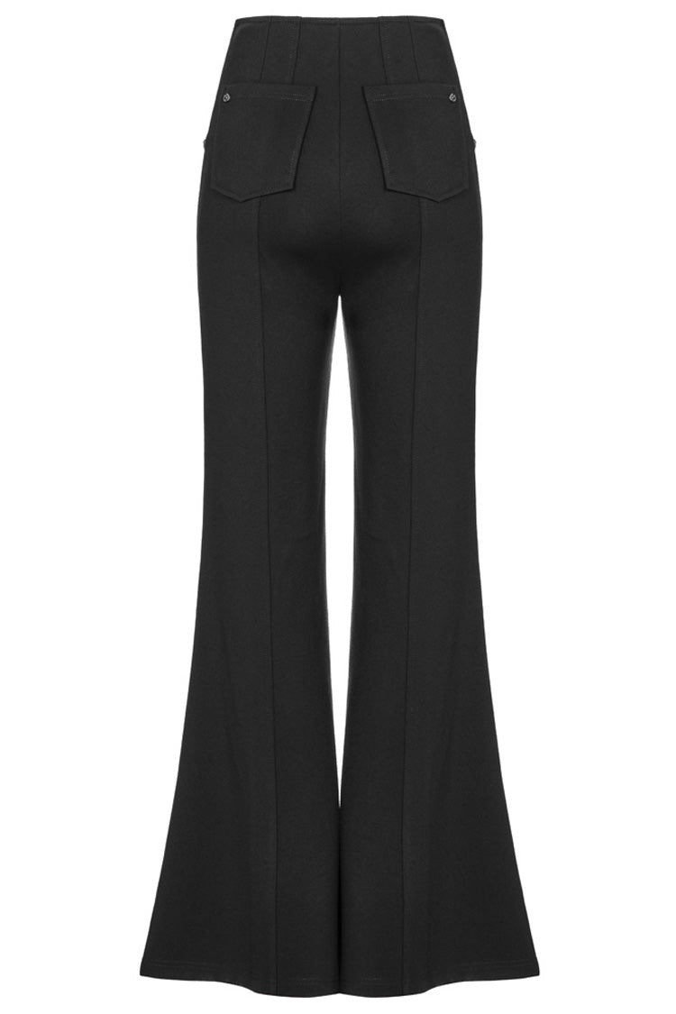 Black Stretch-Knit Paneled Faux Leather Waistband Ghost Button Flared Women's Punk Pants
