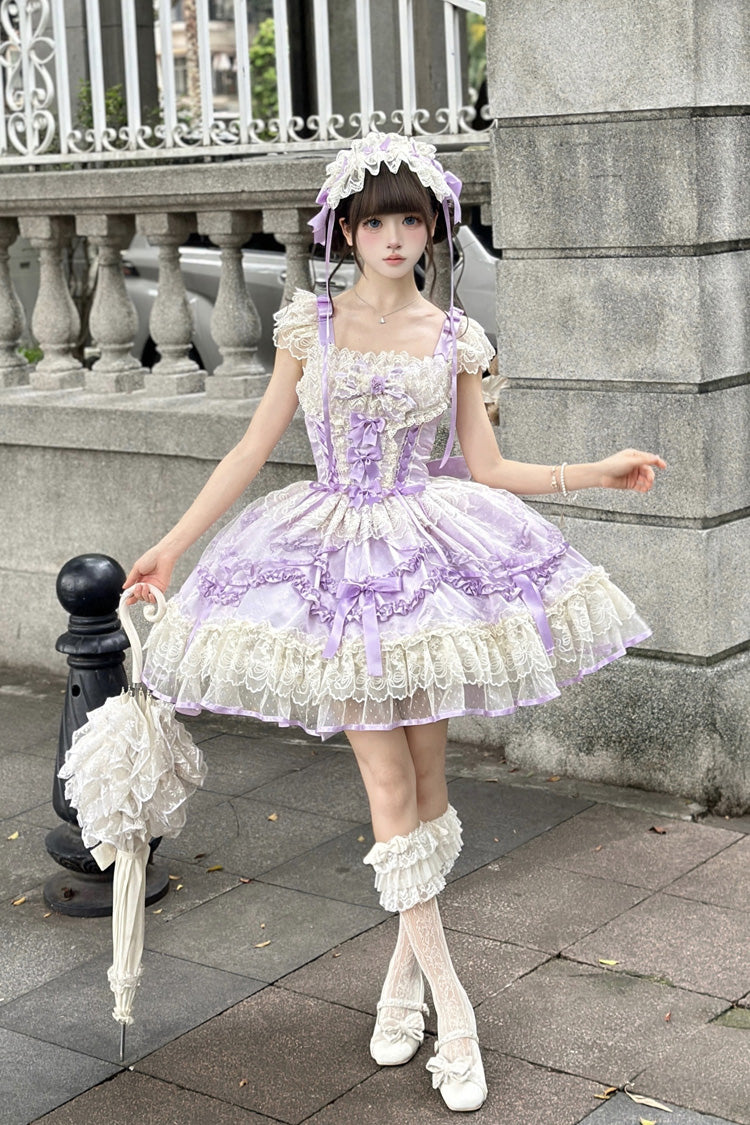 Purple [Dreaming Butterfly] Multi-Layered Jacquard Ruffle Bowknot Lace Sweet Princess Lolita Jsk Dress
