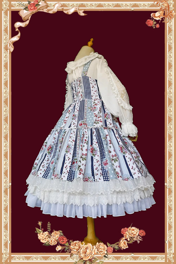 Light Blue Strawberry Plaid Print Bowknot Sleeveless Ruffle Sweet Lolita Dress