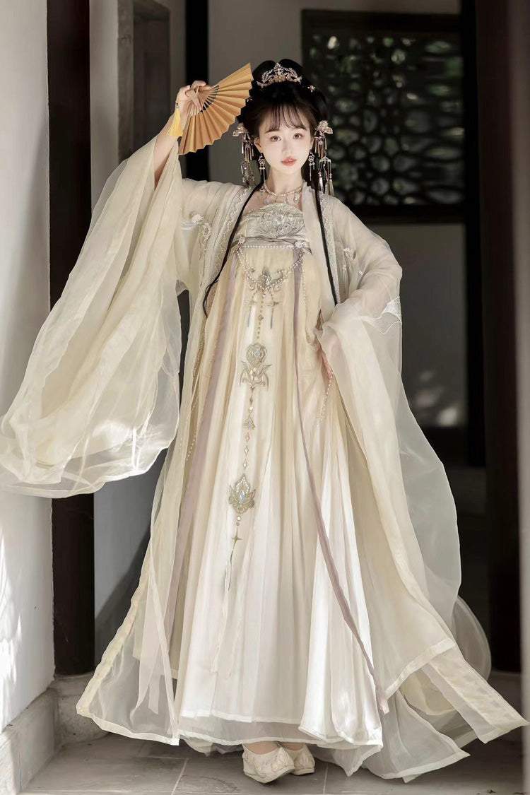 Beige Long Sleeves Embroidery Pearl Chain Sweet Tang-style Hanfu Hezi Dress Set