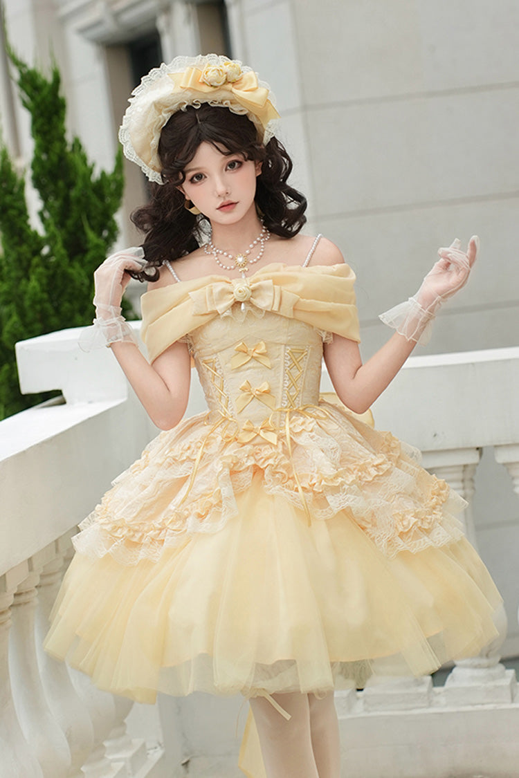Yellow [Sissi's Pilgrimage] Off Shoulder Ruffle Bowknot Lace Sweet Lolita Skirt (Short Version)