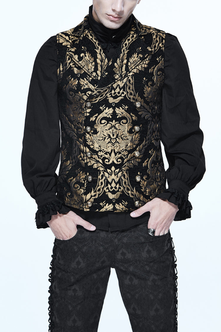 Black/Gold Short Big Jacquard Pattern Men's Gothic Waistcoat