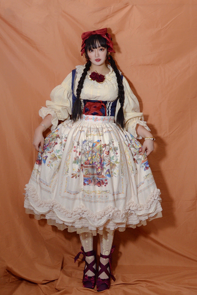 Ivory [Ode to Plenty] Berries and Birds Print Ruffle Bowknot Velvet Classic Lolita Breast Support Jsk Dress