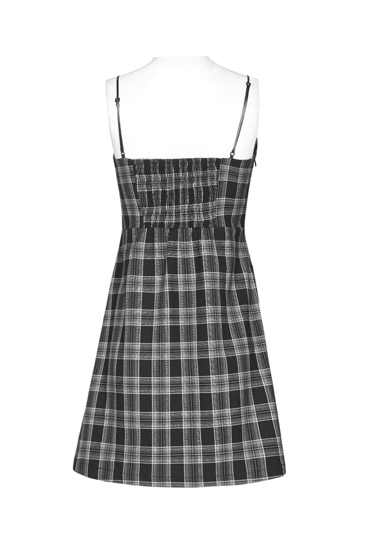 Black/White Plaid Skull Studded Belt Women's Punk Suspender Dress