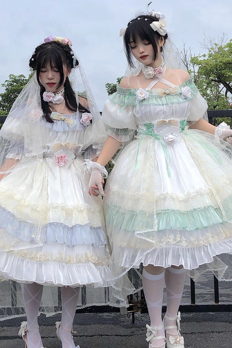Green [Spring of Boliya] Long Sleeves Multi-Layered Ruffle Bowknot Lace Lace-Up Sweet Princess Lolita Dress
