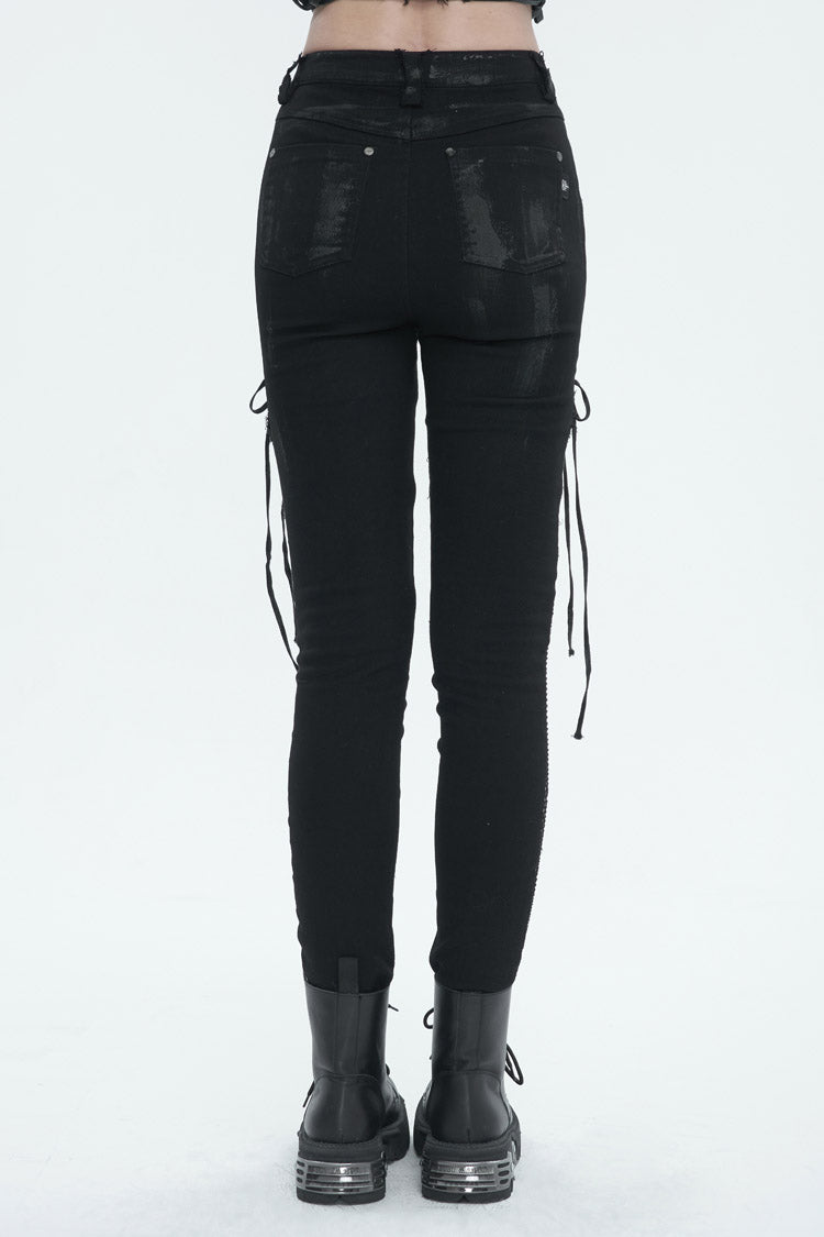 Black Stretch Twill Paneled Mesh Perforated Women's Punk Trousers