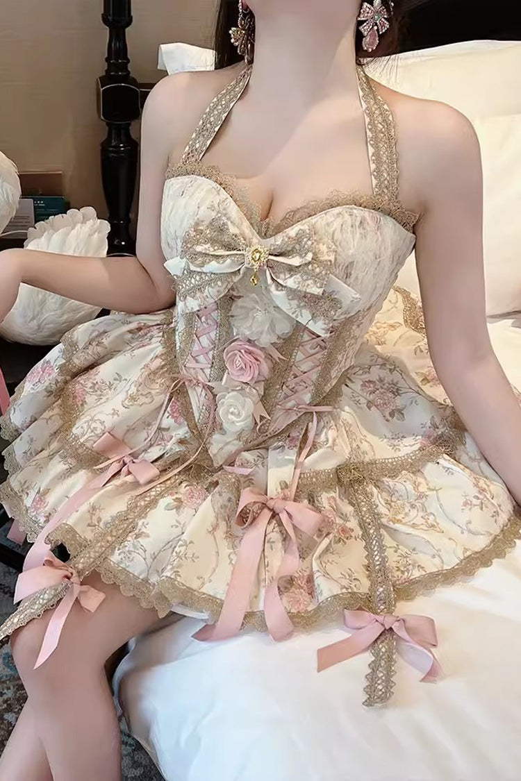 Champagne Halterneck Rich Flower Bowknot Lace-Up Sweet Gorgeous Lolita Skirt Dress Set