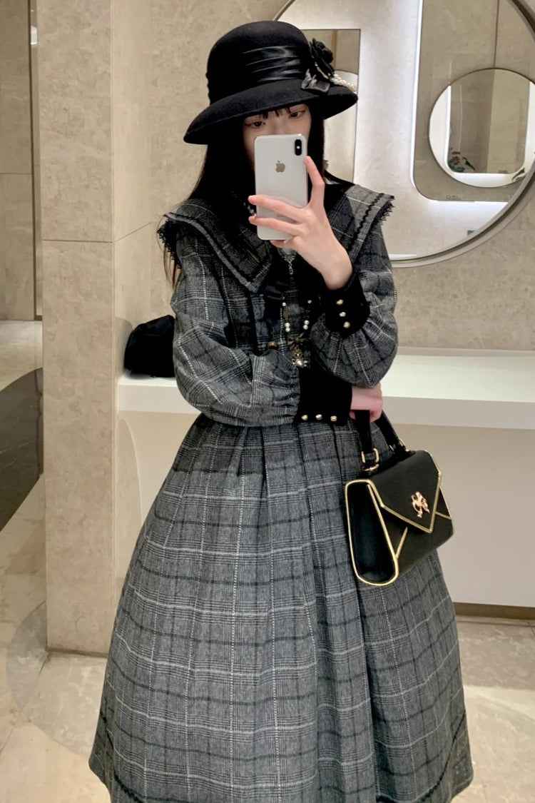 Grey [Fontainebleau] Long Sleeves Plaid Print Bowknot Elegant Sweet Lolita Dress