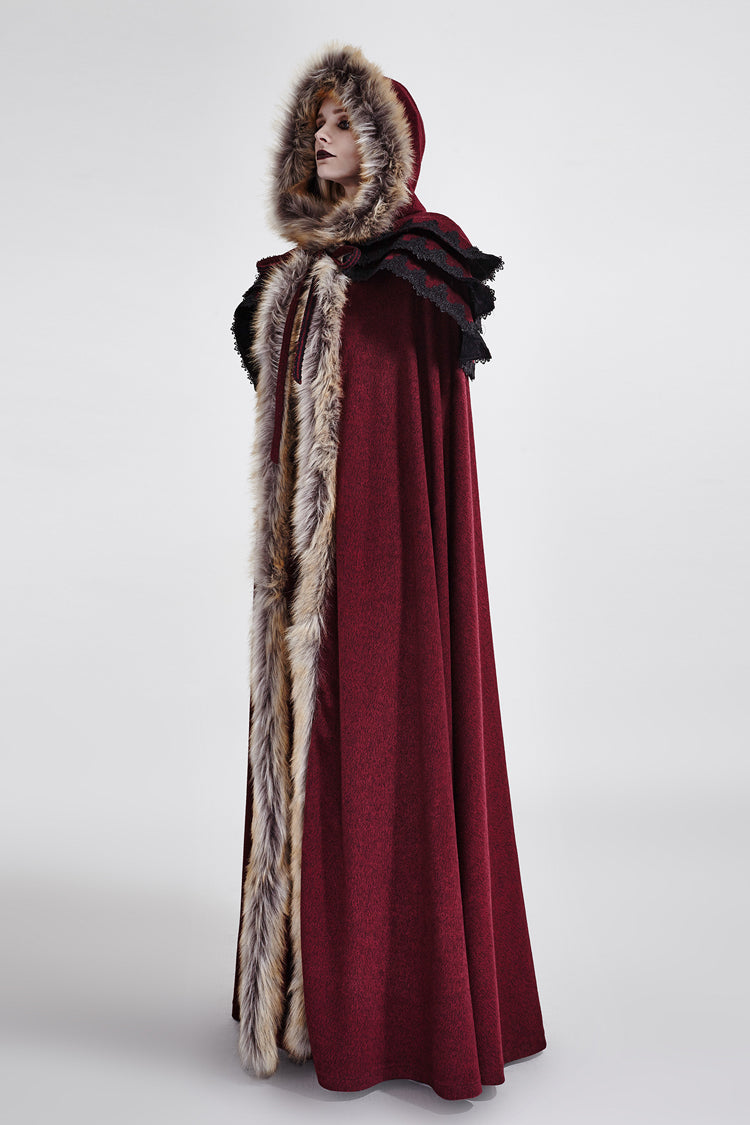 Red Hooded Fur Collar Wool Long Womens Gothic Coat Cloak