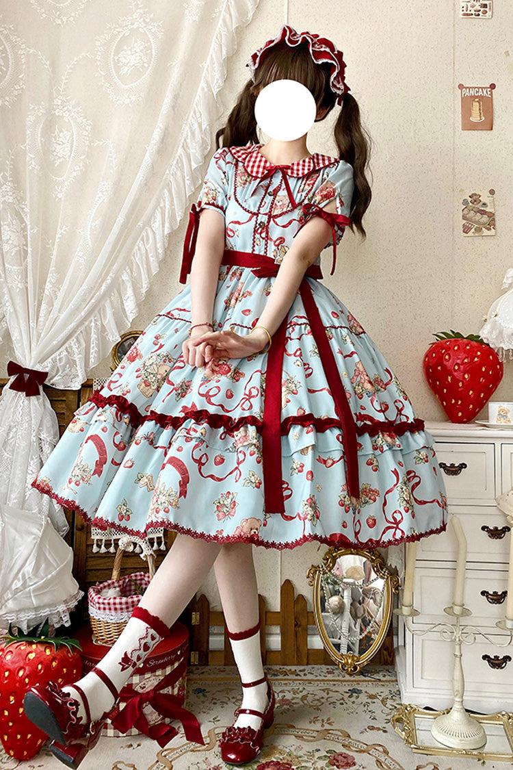 [Bear's Strawberry Garden] Lapel Collar Short Sleeves Print Bowknot Sweet Lolita Dress 4 Colors