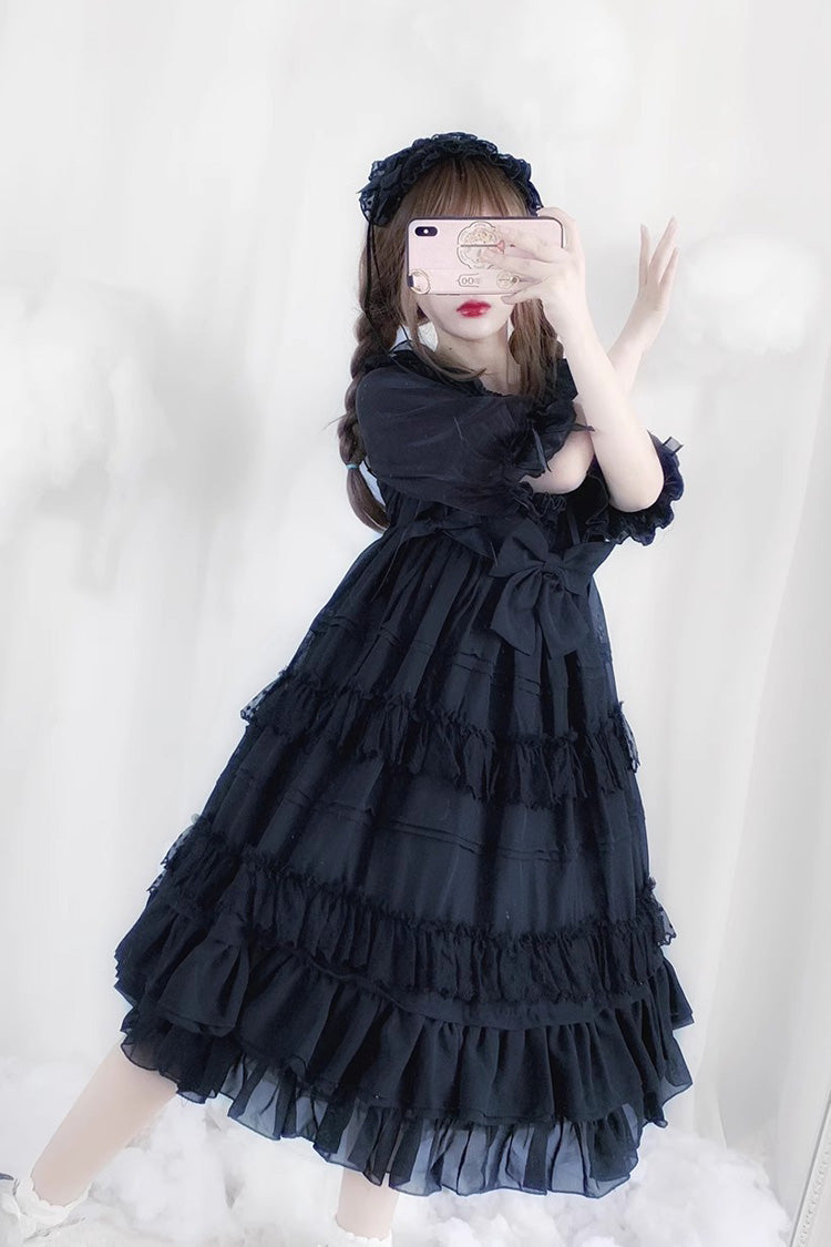 Black Lace Cool Angel Short Sleeves Bowknot Ruffle Gothic Lolita Dress