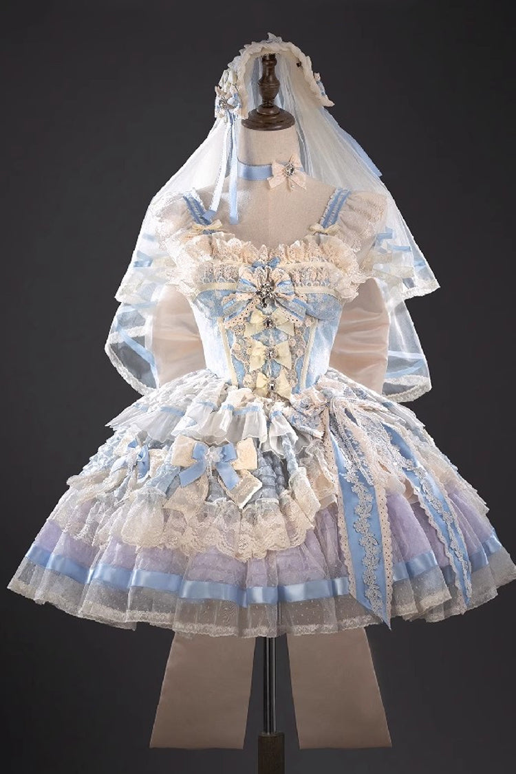 Blue [Moonstone] Sleeveless Ruffle Embroidery Bowknot Lace Fishbone Sweet Princess Lolita Dress