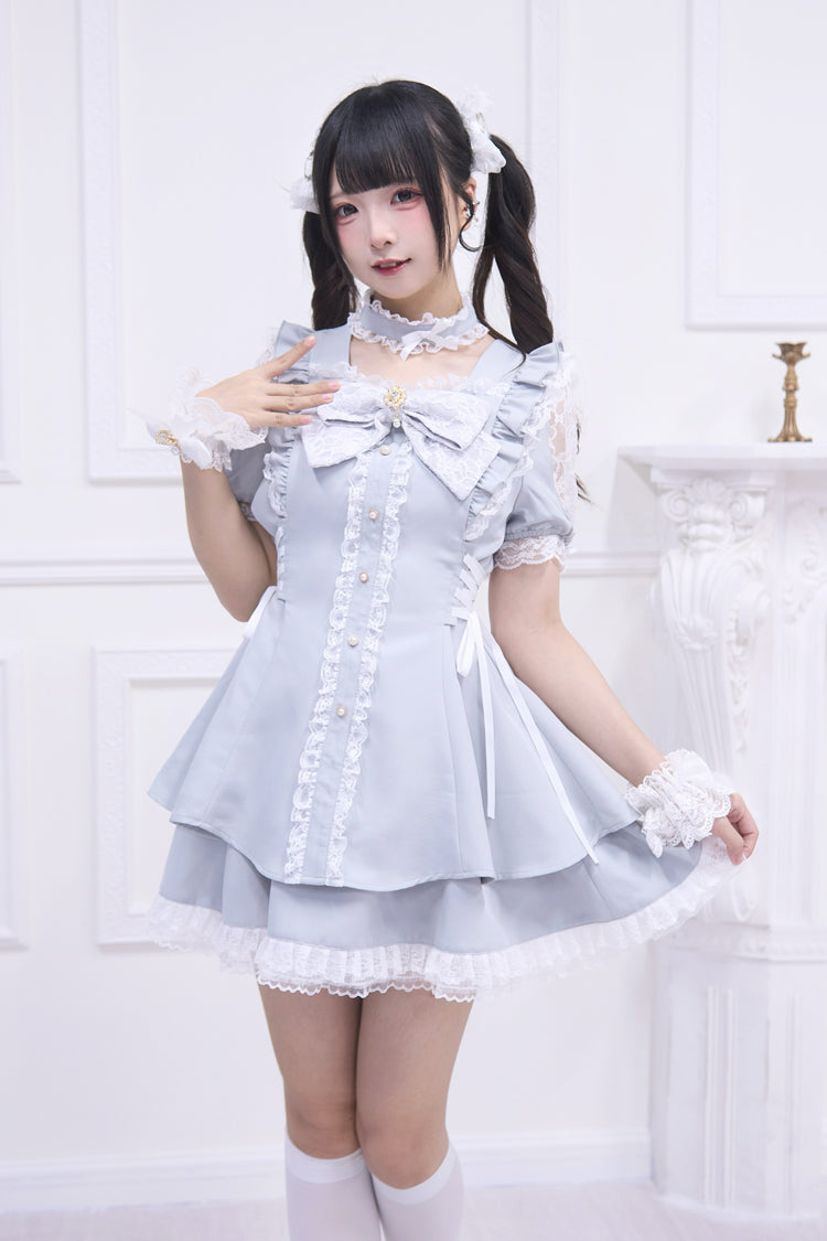 Light Blue [Waltz] Short Sleeves Ruffle Bowknot Gothic Jirai Kei Japanese Dress Set