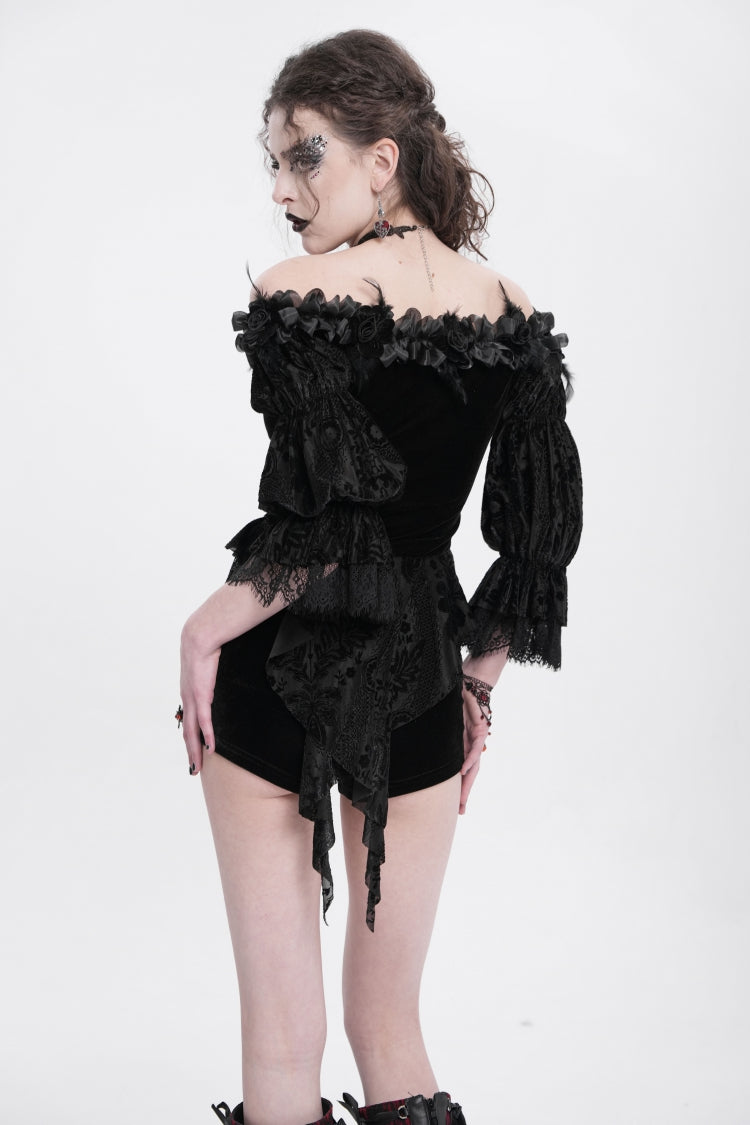 Black Off Shoulder Long Sleeves Ruffle Embroidery Lace-Up Women's Gothic Blouse