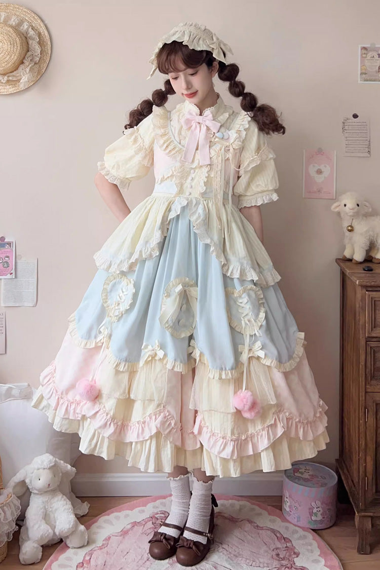 Multi-Color [Mianmian Macaron] Sleeveless Multi-Layered Ruffle Bowknot Lace Sweet Lolita Jsk Dress (Long Version)