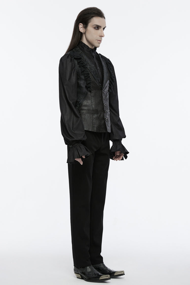 Black Sleeveless Buckle-up Ruffle Men's Gothic Vest
