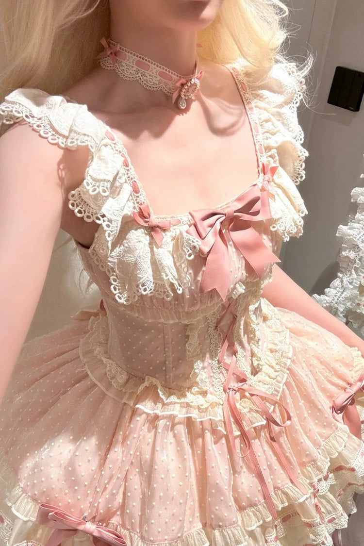 Rosa dreilagiges süßes Prinzessinnen-Ballett-Lolita-JSK-Kleid mit Schleife und Schnürung