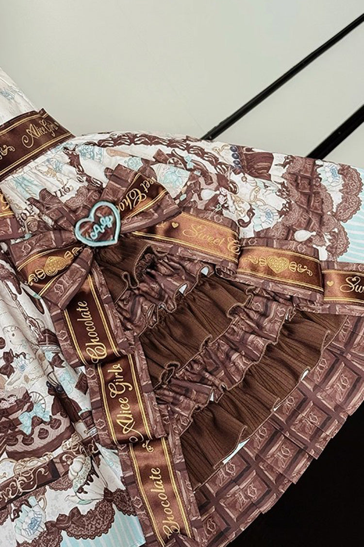 Brown [Teddy Bear Chocolate] Sleeveless Print Ruffle Side Cardigan Bowknot Asymmetric Sweet Lolita Strap Dress