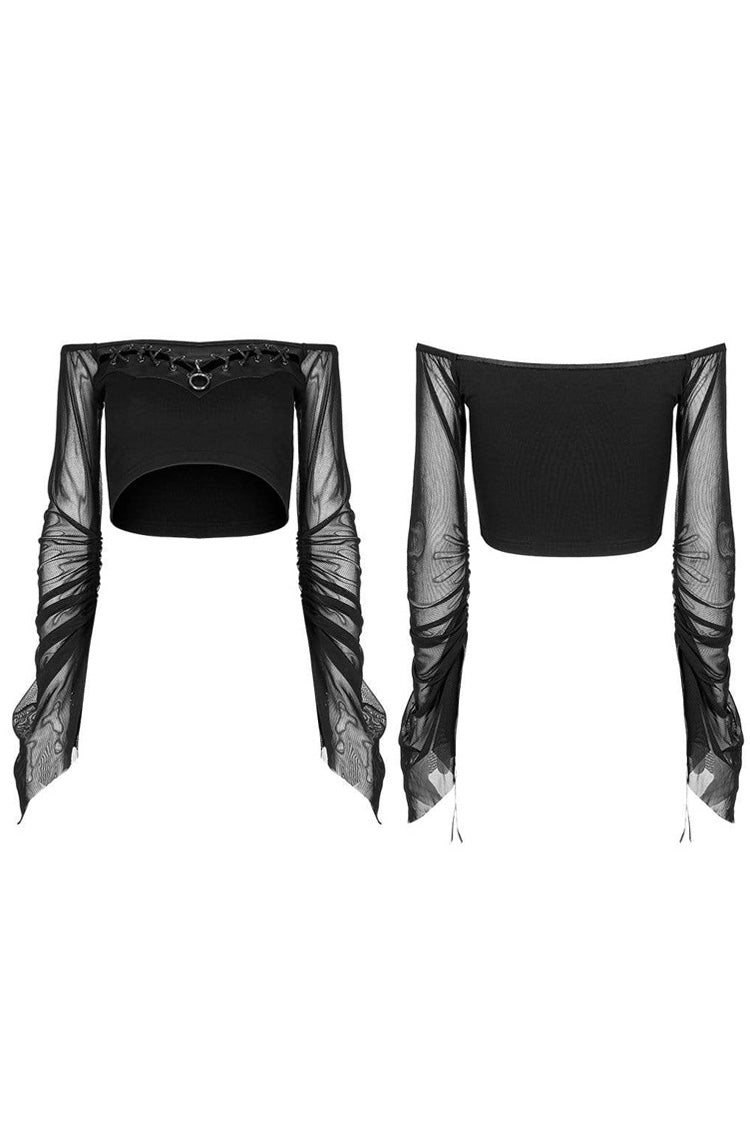 Black Gothic Elasticity Cotton Hollow Buttonhole Strap Design Slash Neck Women's T-Shirt