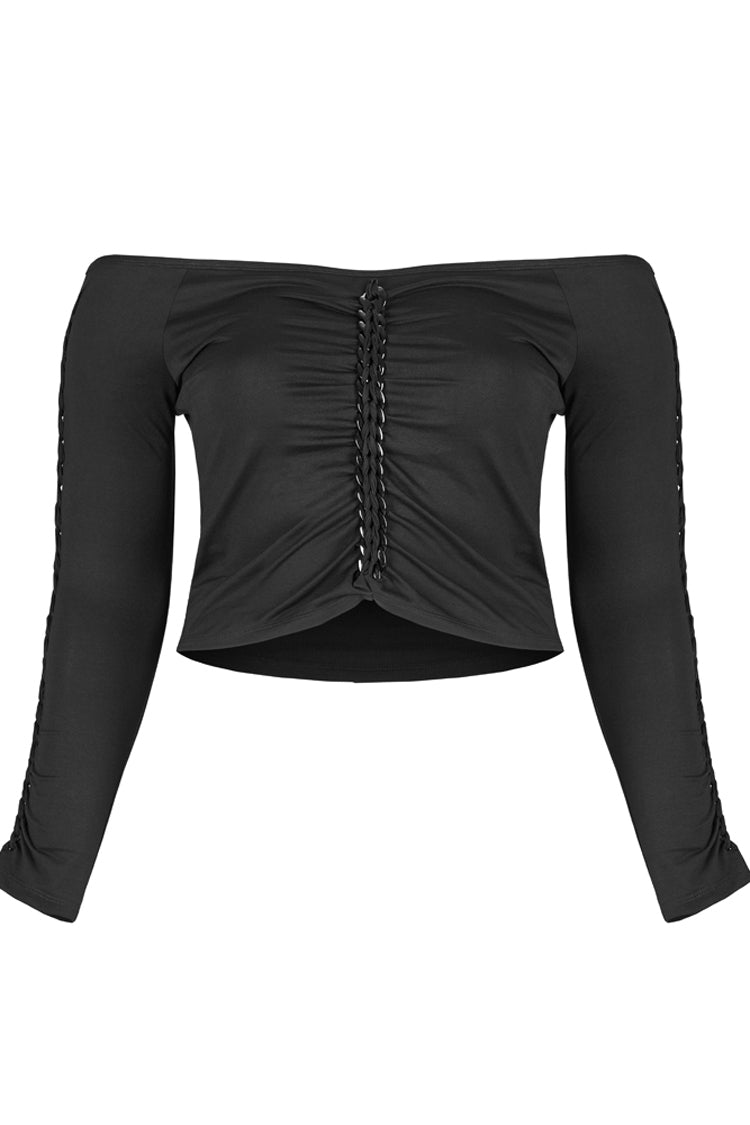 Black Elasticity Knitting Tie Braid Sexy Off The Shoulder Long Sleeve Women's Plus Size Gothic T-Shirt