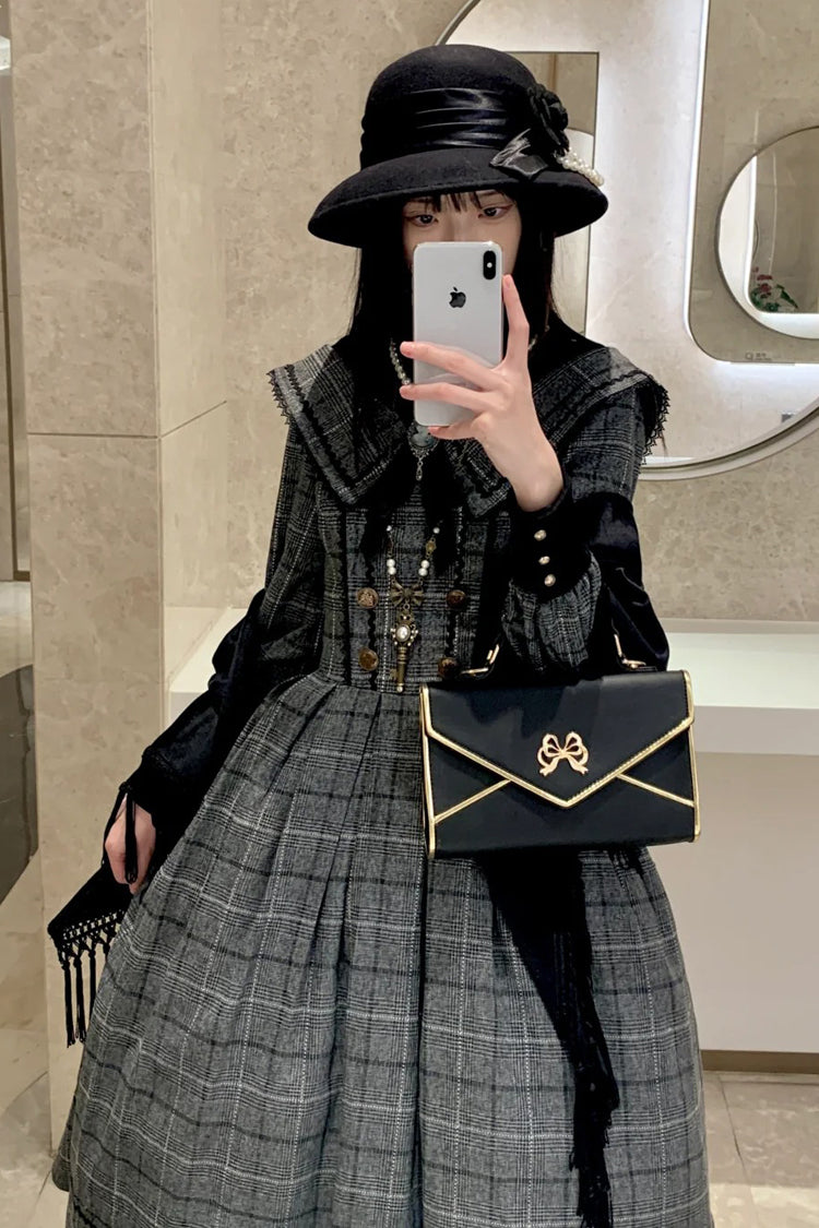 Grey [Fontainebleau] Long Sleeves Plaid Print Bowknot Elegant Sweet Lolita Dress